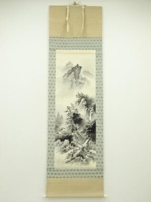 大津日楠筆　水墨山水　肉筆絹本掛軸